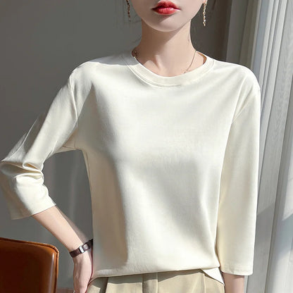 Summer Cotton Short-Sleeved T-Shirt Women's Round Neck Seven-Point Sleeves Loose Mercerized Cotton Half-Sleeve Shirt New T-shirt