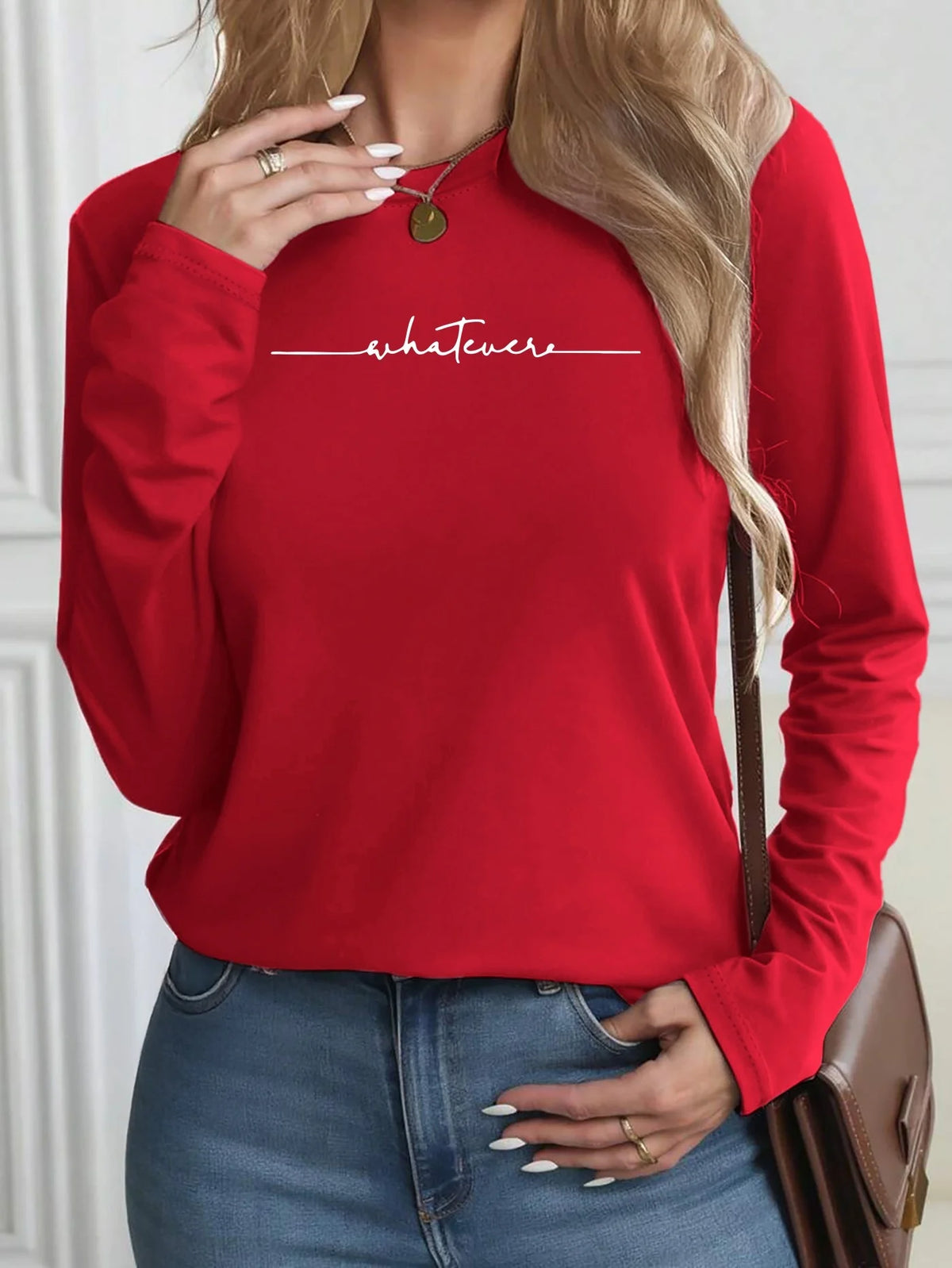 Women's Spring and Autumn 100% Cotton Fashion Casual Loose You Are Enough Printed Round Neck Long Sleeve T-shirt Top
