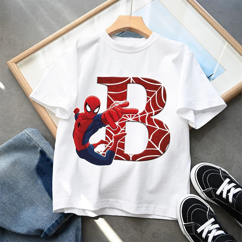 2026  New Children's Spider Man Cartoon Letter Printed T-shirt Cotton T-shirt Boys' Short Sleeved Top Children's Clothing