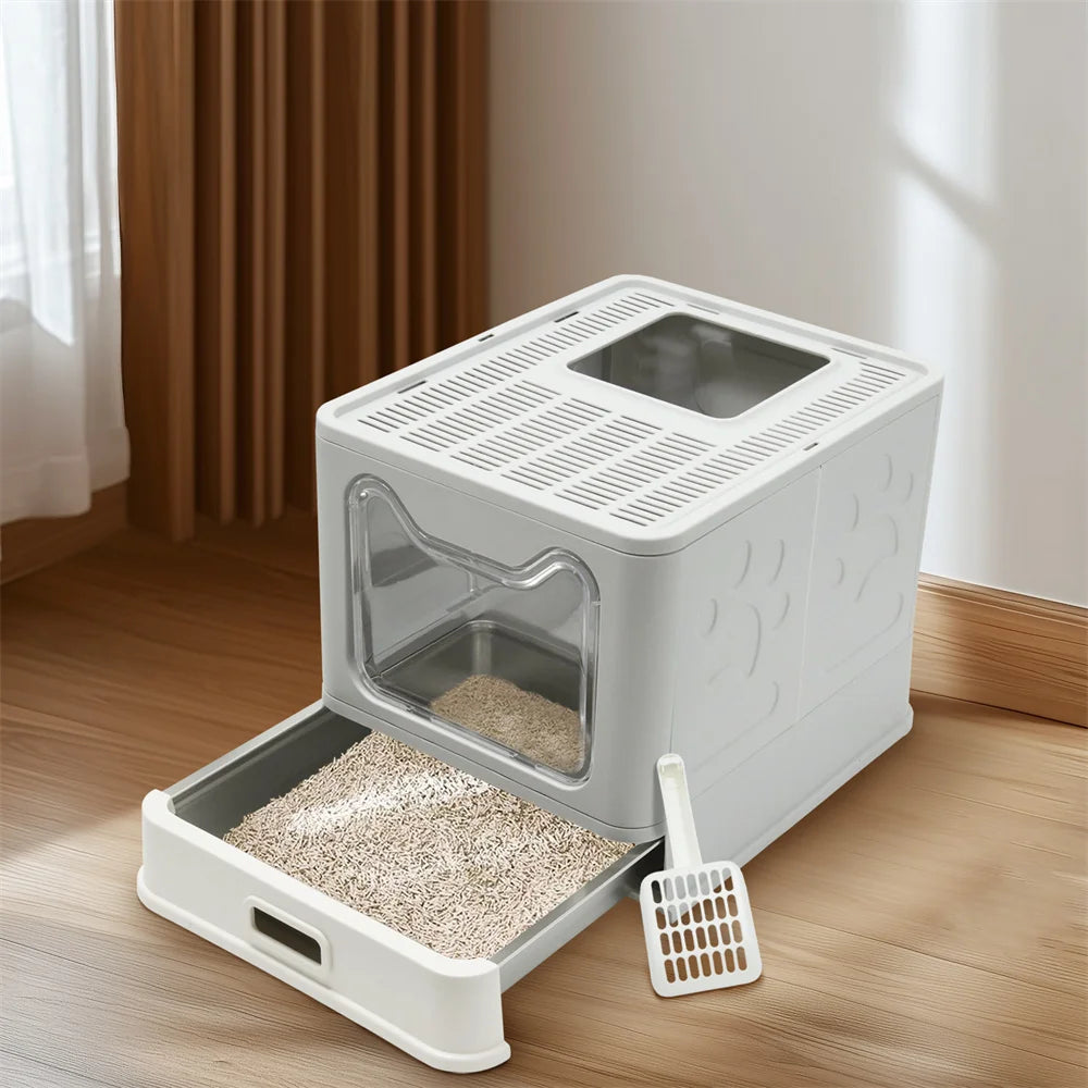 Stainless Steel Covered Cat Litter Box - Large Top Entry Pan with Scoop High Sided for Easy Cleaning - ZOOMNSTORE