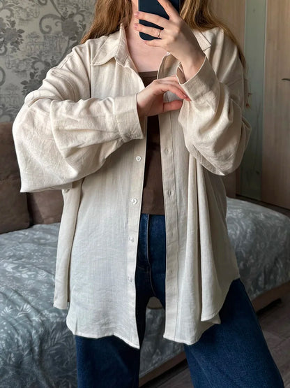 Summer Blue Linen Shirts For Women Oversized Long Sleeve Tops Green Shirt Woman Work Basic Linen Tops Women White Shirts Ladies