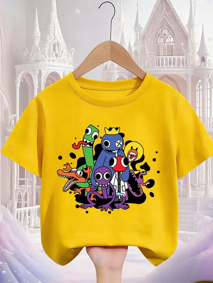 Rainbow friend cartoon pattern boy and girl summer cute round neck fashionable casual short sleeved top