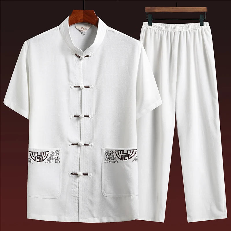 Cotton and Linen (Top + Pants) Elderly Men Gold Silk Pan Buckle Pocket Embroidered Tang Dress Han Dress Lay Tai Chi Suit Set