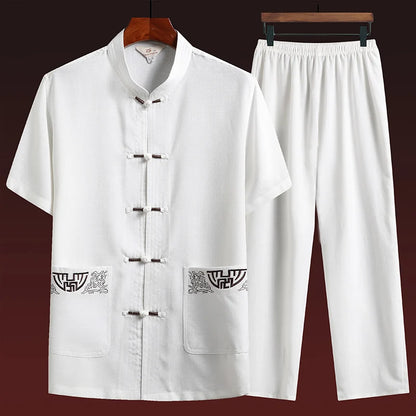 Cotton and Linen (Top + Pants) Elderly Men Gold Silk Pan Buckle Pocket Embroidered Tang Dress Han Dress Lay Tai Chi Suit Set