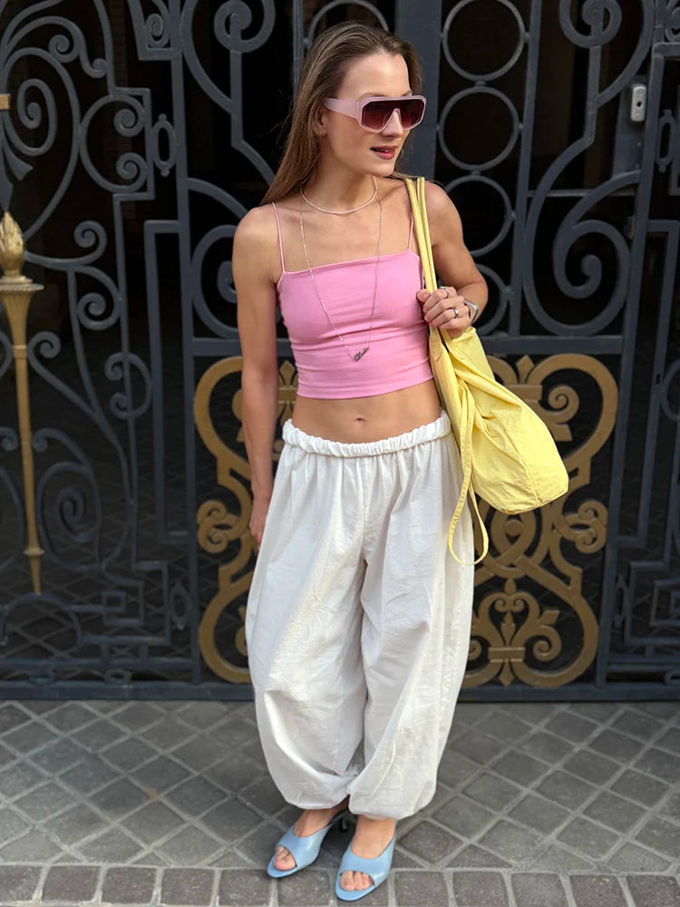 Wide Leg Red Pants For Women Cotton Long Bloomers White Autumn Elastic Waist Lantern Trousers Women Straight Practice Pants Lady