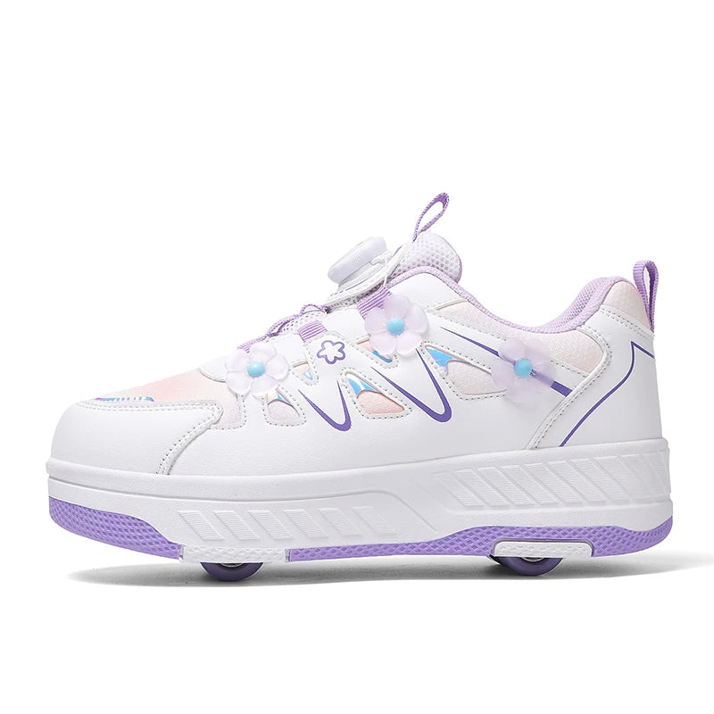Girls Roller Skates Four-wheel Outdoor Shock-absorbing Casual Sports Shoes Soft Walking Comfortable Flat Wheel Shoes for Kids