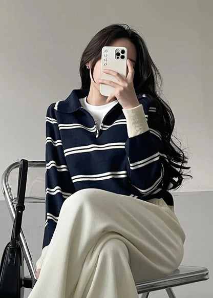 Korean Style Lazy Striped Zipper Color Block Long Sleeve Women's Soft Sweater Autumn Winter New Design Knitted Shirt