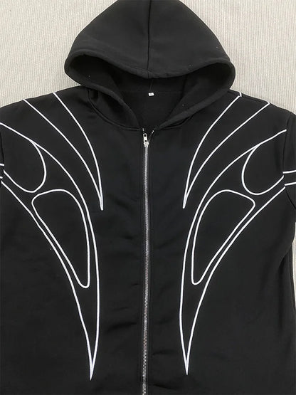 Street Retro Fashion Clothing Striped Embroidered Black Double Zipper Hoodie American Hip-hop Punk Oversized Sweatshirt women
