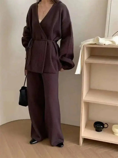 [EWQ] Fashion V-neck Long Sleeve Lace Up Sweater And High Waist Trousers Casual Women Knit Set Clothing 2025 Autumn New 16O1719