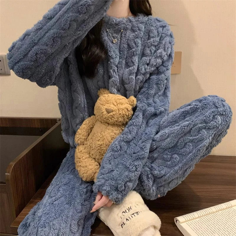 Ultra Soft Warm Coral Fleece Pajama Set Lightweight Fluffy Winter Loungewear Sleepwear For Women Cozy Home Suit Winter Style New