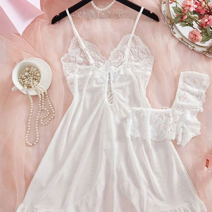 A Set Pink Cute Women Sweet Nightdress And Panty Pijamas Suit Sleeveless Halter Nightgown Short Sets V-Neck Bra Thong Luxury Kit