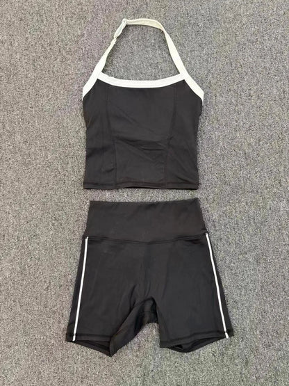 Fashion Patchwork Skinny Shorts Set Gym Women Workout Clothing Summer Sleeveless Backless Fitness Sport Suit Women Sportwear Red