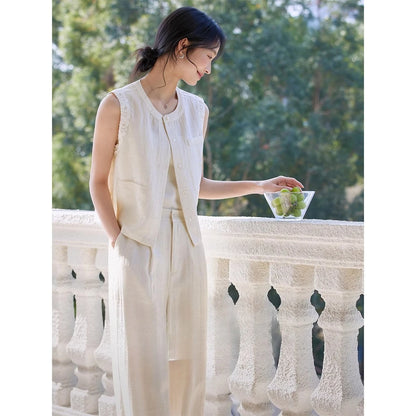 VIMLY Linen Blend Pant Set Two Piece Old Money Style Woman Summer Outfits 2026 Sleeveless Vest Wide Legs Pants Lady Suit A0820