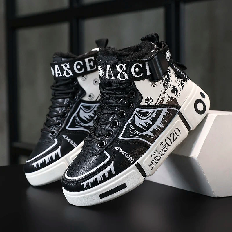 Boys High-Top Sneakers – Waterproof Leather Upper Shoes With Buckle Strap 2025 Autumn Winter
