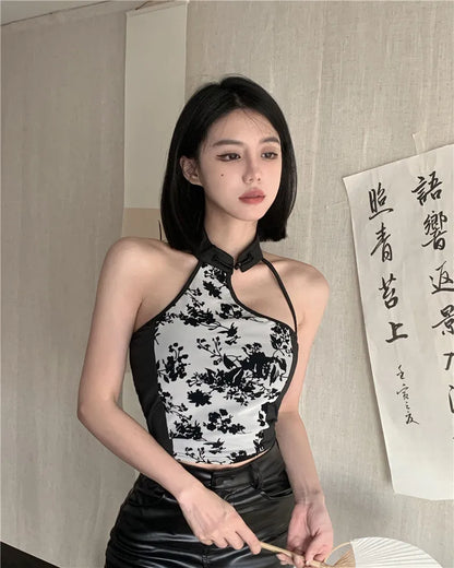 New Chinese Style Irregular Camis Women Autumn Elegant Temper Ink Print Sexy Halter Backless Fashion Party Romantic Crop Tops