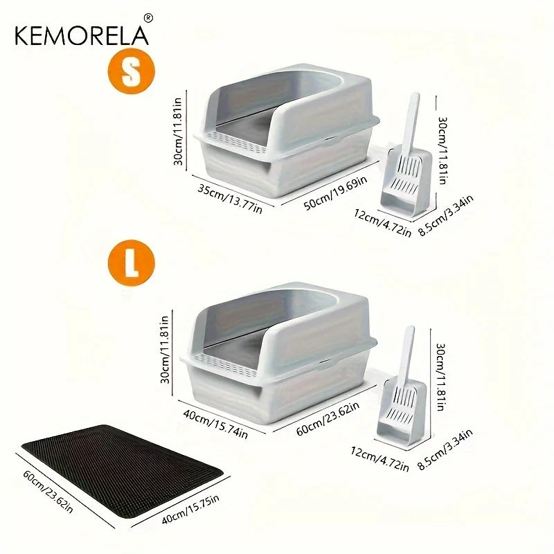 Large Stainless Steel Closed Litter Box with Mat and Spade - High-Sided Cat Tray - ZOOMNSTORE