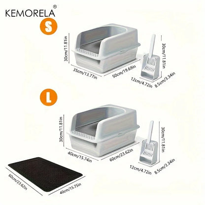Large Stainless Steel Closed Litter Box with Mat and Spade - High-Sided Cat Tray - ZOOMNSTORE
