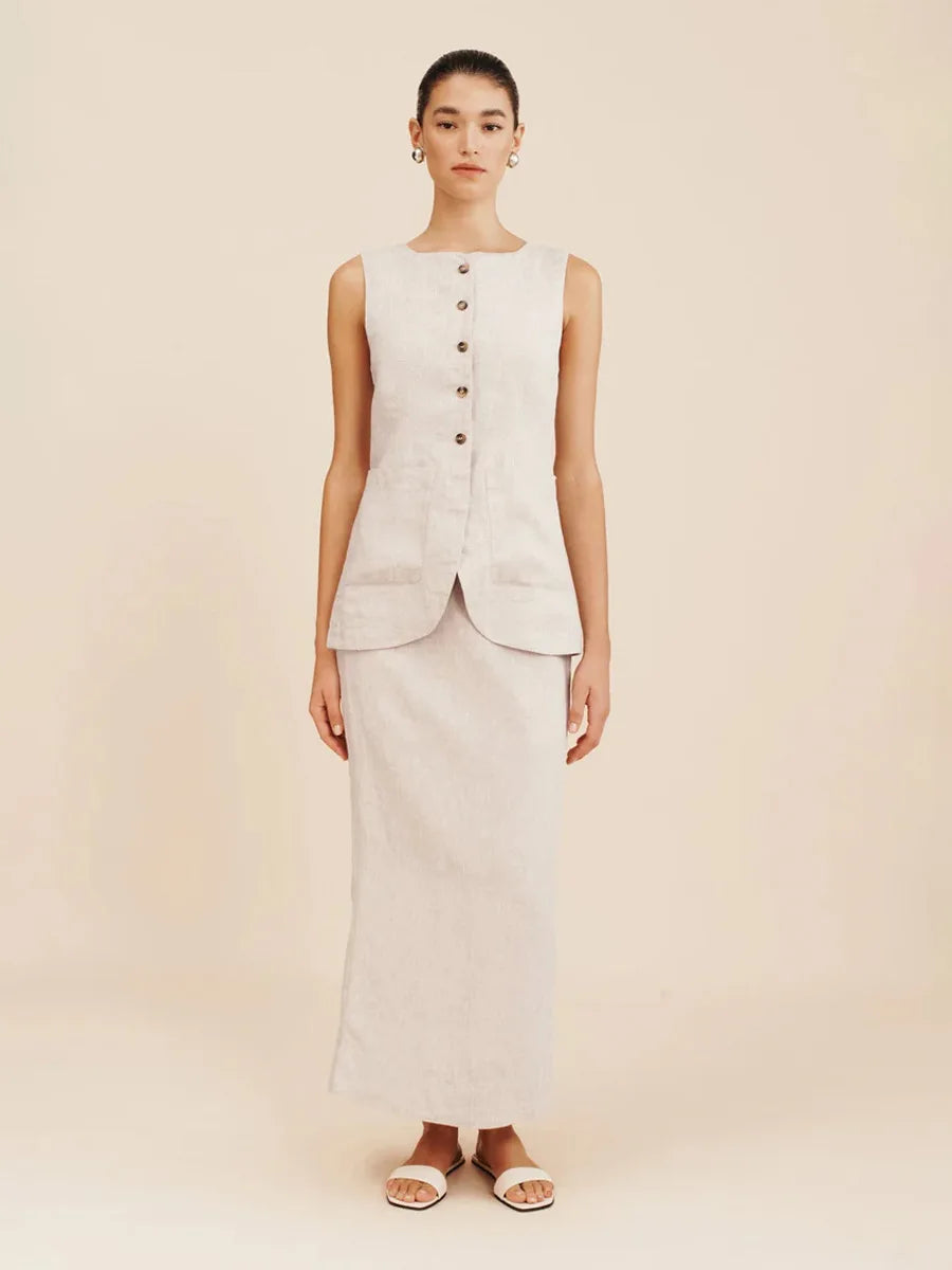 Bornladies Women's Sleeveless Vest High Waisted Skirt Set Spring Summer New Linen Casual Suit Fashion Office Lady Vest Set