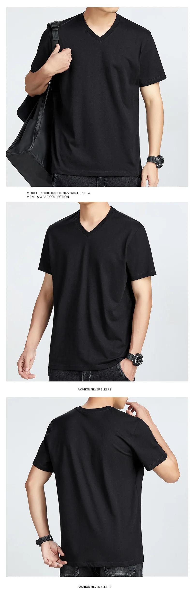 Men's Cotton T-Shirt - Comfortable Casual Loose Fit V-Neck Solid Color Tee