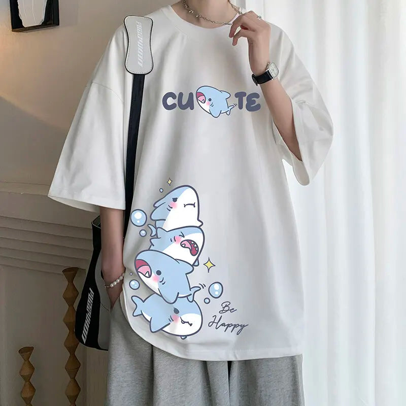 Men's Cotton T-shirts White Men Oversized T Shirt Anime Shark Print Summer Casual Wear 5XL Tee Shirts Big Size Male Clothes