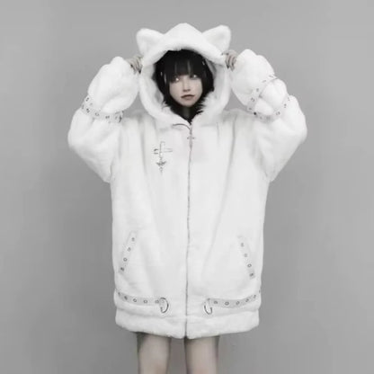 Vintage Punk Style Hoodie Long Sleeve Faux Fur Women Casual Zipper Hooded Gothic Y2K Subculture Harajuku Sweatshirts Autumn