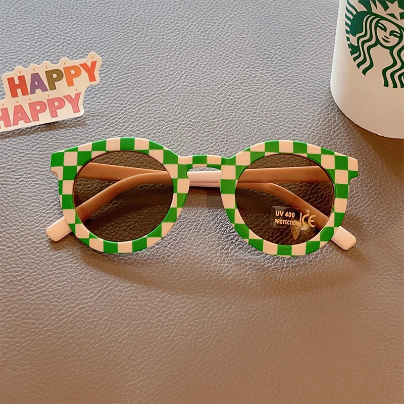 Kids UV400 Checker Panel Round Sunglasses - Cute Outdoor Sun Protection Glasses