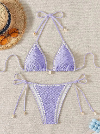 Halter Bikini Set - Wrinkled Weave Polyester Swimwear With Push Up Support