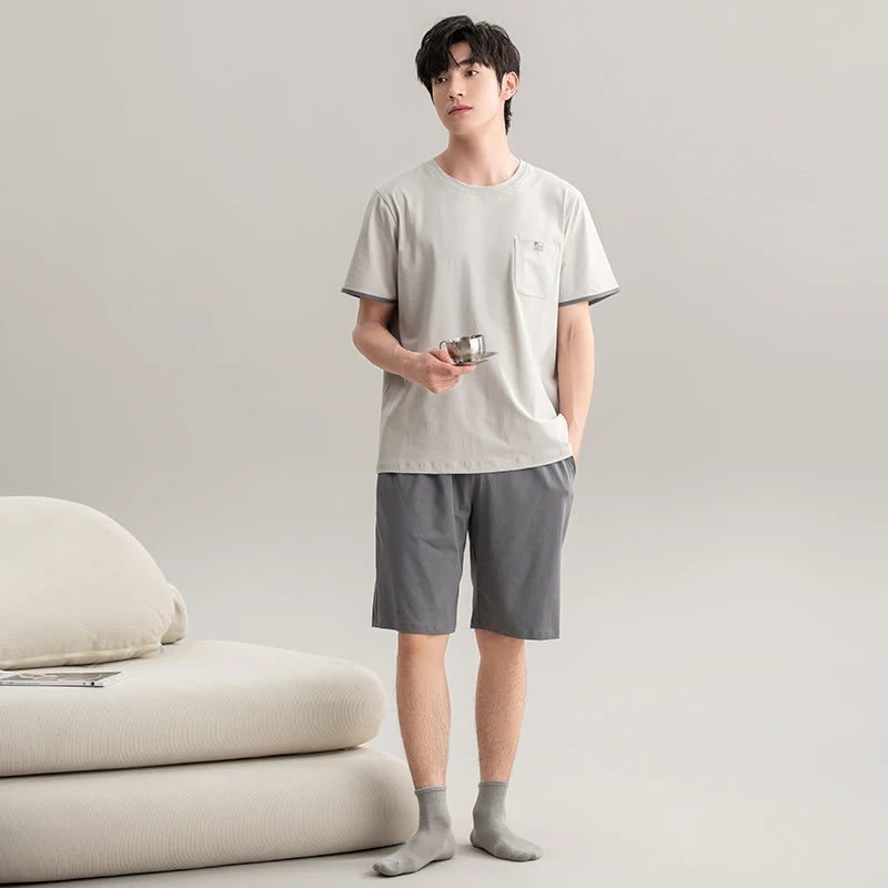 Couple Pajamas Set Summer Short-Sleeved Sleepwear 100% Cotton Men and Women Pyjamas