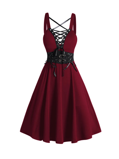 2025 Womens Gothic Dresses Sets Solid Color Open Front Crop Jacket and Lace Up Buckle Strap Crisscross Dress Outfit