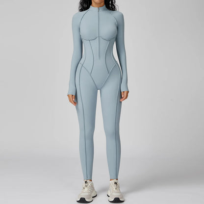 Women's Yoga Bodysuit - Long Sleeve Tracksuit Gym Zipper Suit, Breathable Fitness Jumpsuit