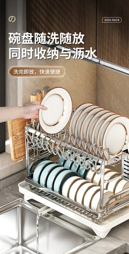 Stainless Steel 2 Tier Dish Rack Adjustable Countertop Organizer Bowl Drainer Multifunctional Kitchen Utensil Storage Holder Hom