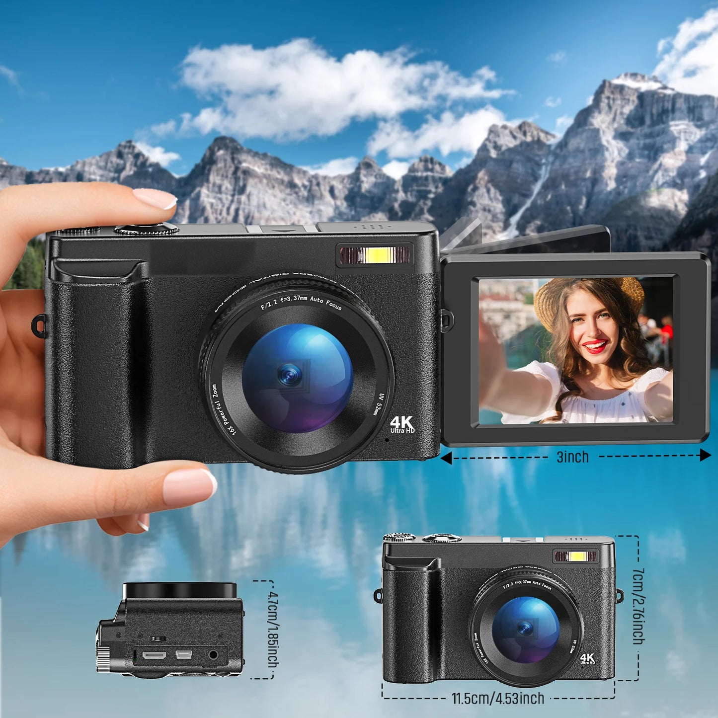 4K Digital Camera - 48MP Compact Flip Screen Camera With Autofocus & Pause Recording