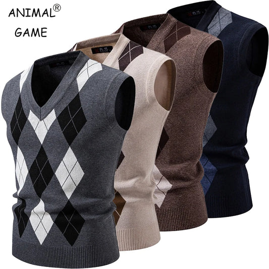 New Mens Argyle Knitwear Vest V Neck Sleeveless Casual Slim Fit Pullover Knitted Sweater Outdoor Streetwear Casual Tank Tops