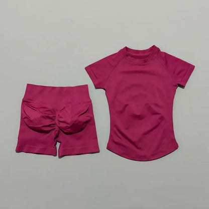 2 Pieces Sports Gym Sets Women Seamless Knitted Yoga Short Sleeve Top Fitness Set Workout Running Sports Short Leggings Suit