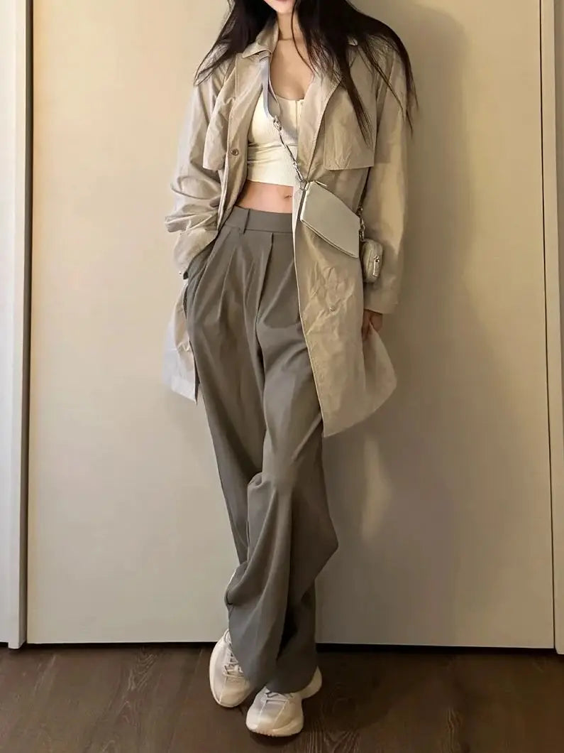 Pocketed suit pants with pleats, cool feeling, versatile wide-legged, long pants, casual, straight-cut, elastic waist