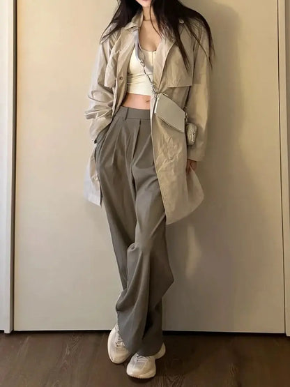 Pocketed suit pants with pleats, cool feeling, versatile wide-legged, long pants, casual, straight-cut, elastic waist