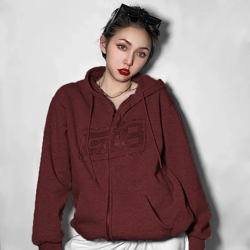 New Rhinestone Letter Print Women Long Sleeve Sweatshirt Hoodies Zipper Loose Oversized Streetwear Casual 2024 Autumn Fall