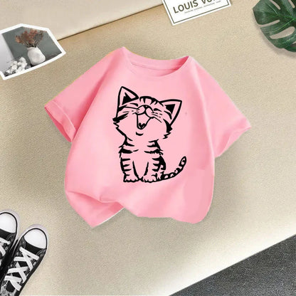Summer New Cute Cat Animal Print Round Neck Short Sleeved Tee Shirt for Boys and Girls Fashionable and Simple Children's T-shirt