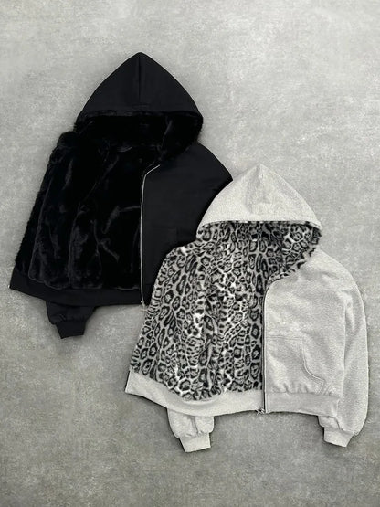 Unisex hoodie hooded sweatshirt with leopard print lining pocket, loose cardigan, zipper sweatshirt, streetwear style