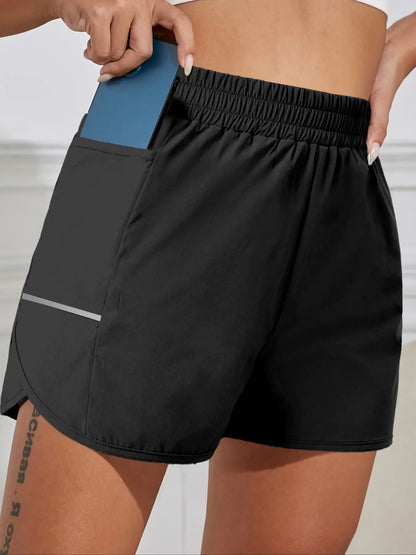 Women's Sports Shorts – Elastic Waist with Phone Pocket & Reflective Strips