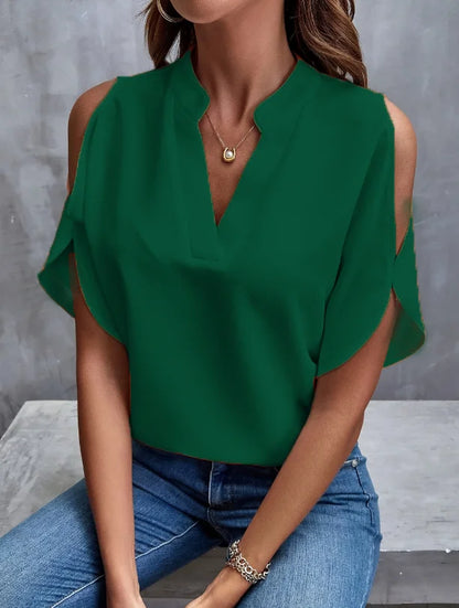 Elegant V-Neck Women's Short-Sleeve Shirt - Solid Color, Notched Collar, Loose European & American Style Versatile Top