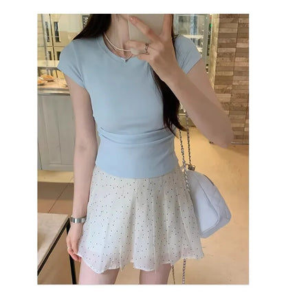 Women's Basic Solid Crop Top Short Sleeve Crewneck Skinny T-shirt Summer Casual Y2K Vintage Harajuku Streetwear