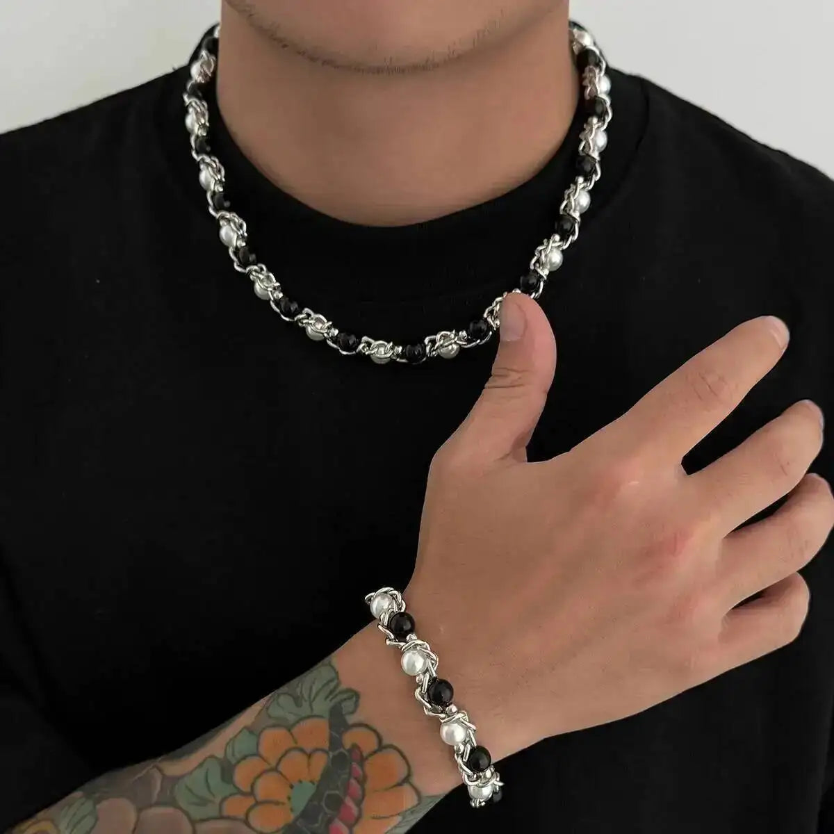 Lacteo 2025 Trendy Creative Imitation Pearl Beaded Chain Necklace Bracelet for Men Vintage Clavicle Chain Charm Jewelry Gift Set