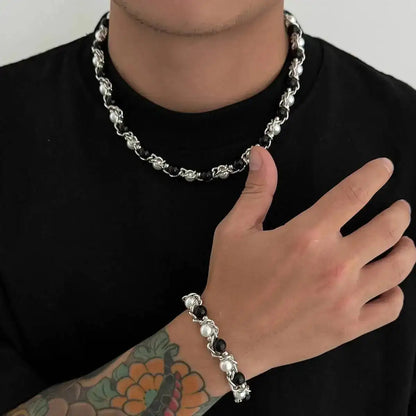 Lacteo 2025 Trendy Creative Imitation Pearl Beaded Chain Necklace Bracelet for Men Vintage Clavicle Chain Charm Jewelry Gift Set