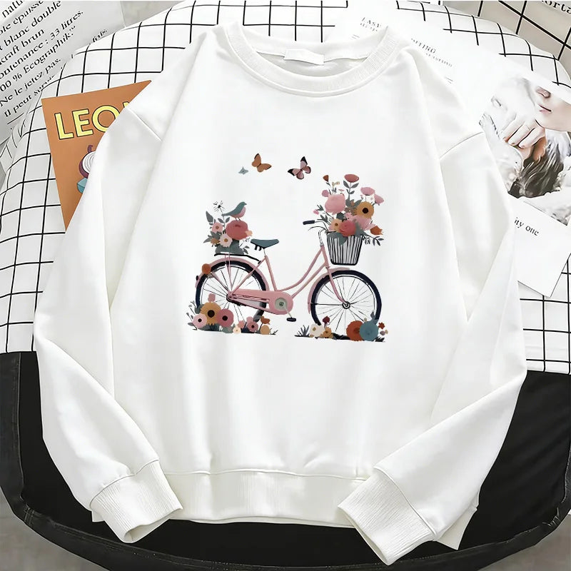Womens Hoodies Retro Floral Butterfly with Bicycle Print Warm Fleece Sweatshirt Soft O-Neck Pullover Casual Female Clothes