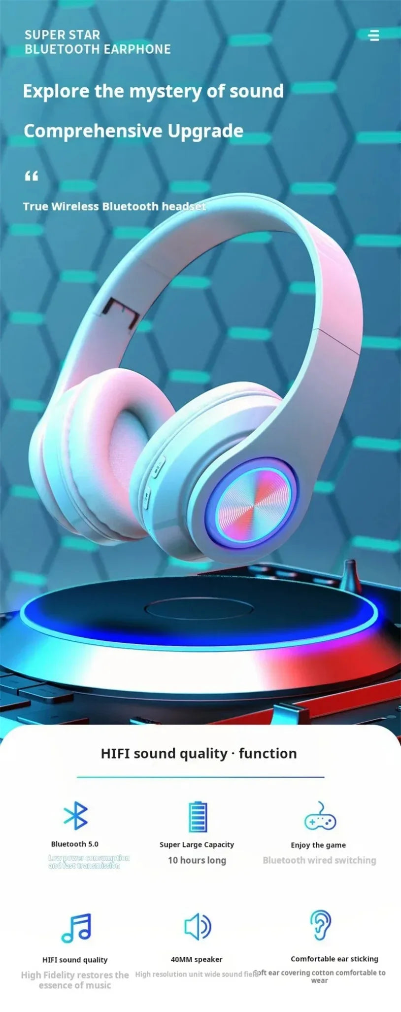 Surround Sound Stereo Wireless Earphone Head-Mounted Gaming Headphones Blutooth with Micro Phone Colourful PC Laptop Headset