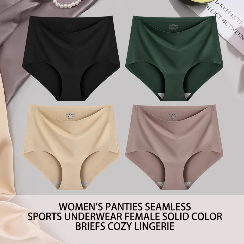 4PCS/SET Plus Size Underwear Women's Panties Ice Silk Solid Color Ladies Seamless Underpants High Waist Sexy Breathable Lingerie