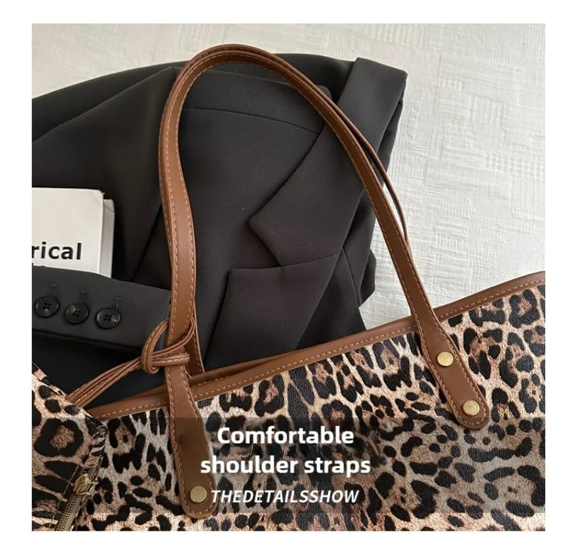 Leopard Print Tote Bag - Women's PU Leather Large Capacity Casual Travel Purse