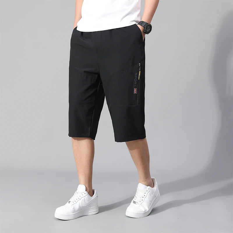 Mens Cargo Shorts - Knee Length Cotton Shorts With Zipper Pockets & Elastic Waist