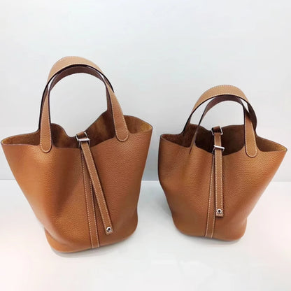 Women Leather Bucket Bag - Genuine Leather Handbag | Large Tote Bag With Silver Hardware